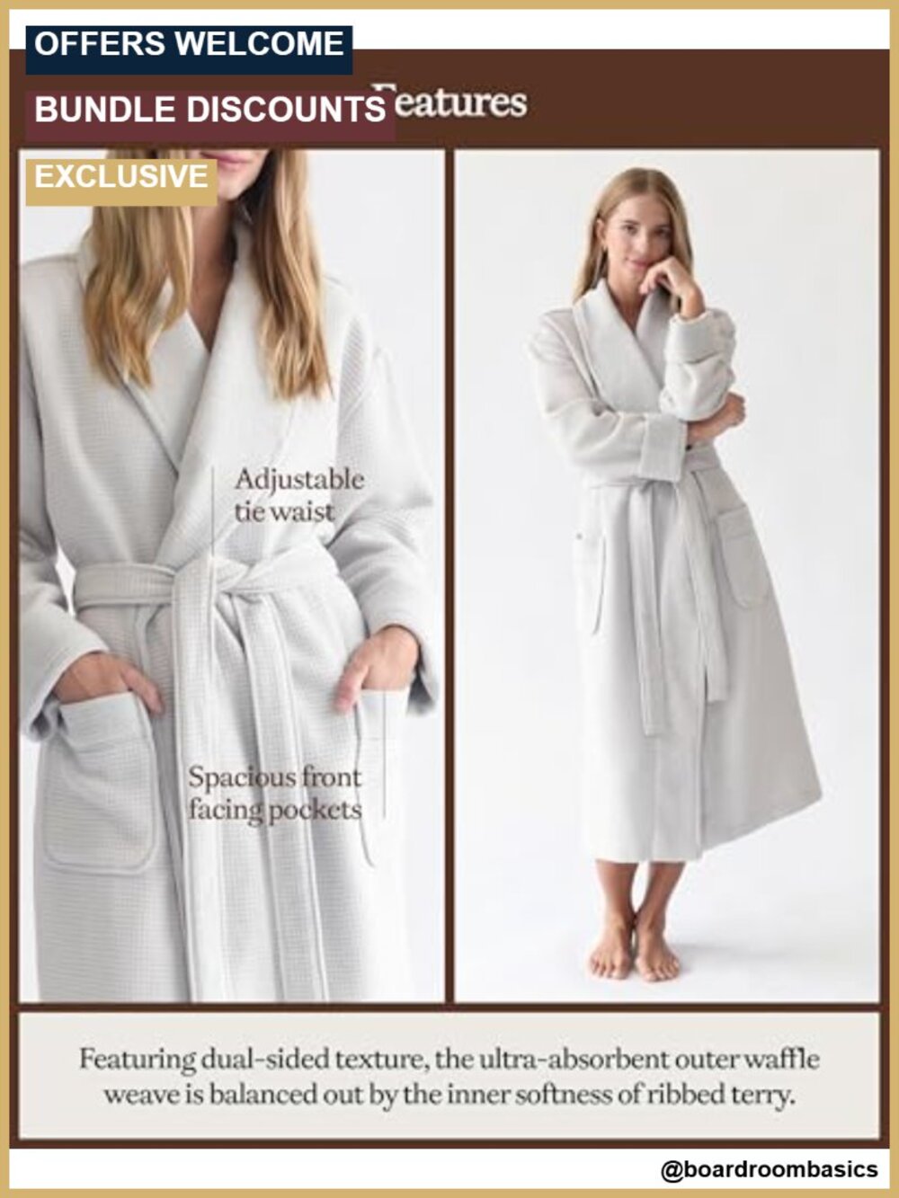 Waffle Knit Bath Robe Lightweight Spa Robe with Pockets - Picture 3 of 6